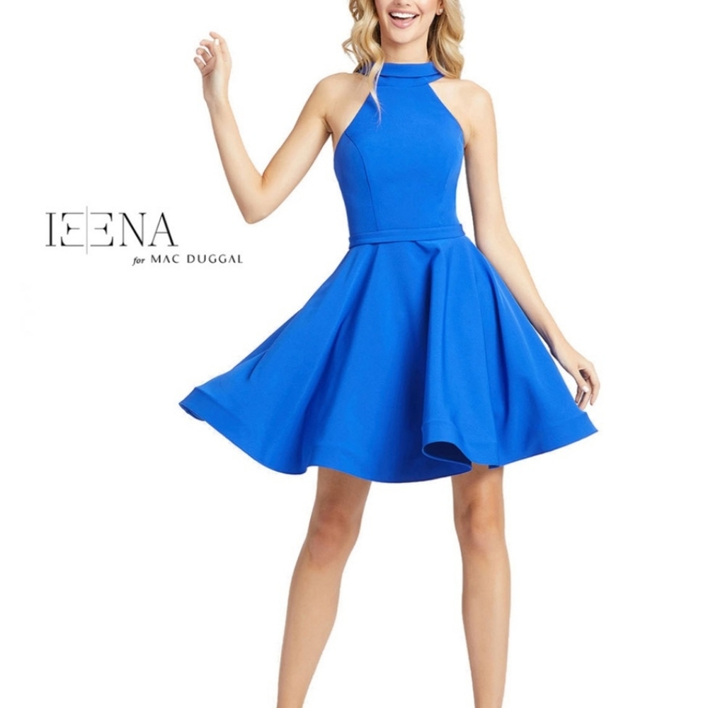 Mac Duggal Royal Blue Halter Fit-and-Flare Short Dress